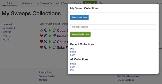 My Sweeps Collections New Dialog