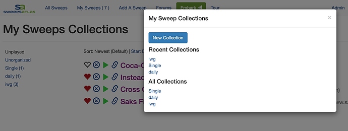 My Sweeps Collections Dialog